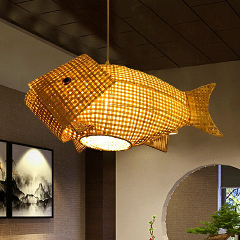 Bamboo Woven Fish Shaped Pendant Ceiling Light Asian 1-Bulb Beige Suspension Lighting for Restaurant Clearhalo 'Ceiling Lights' 'Pendant Lights' 'Pendants' Lighting' 2326625