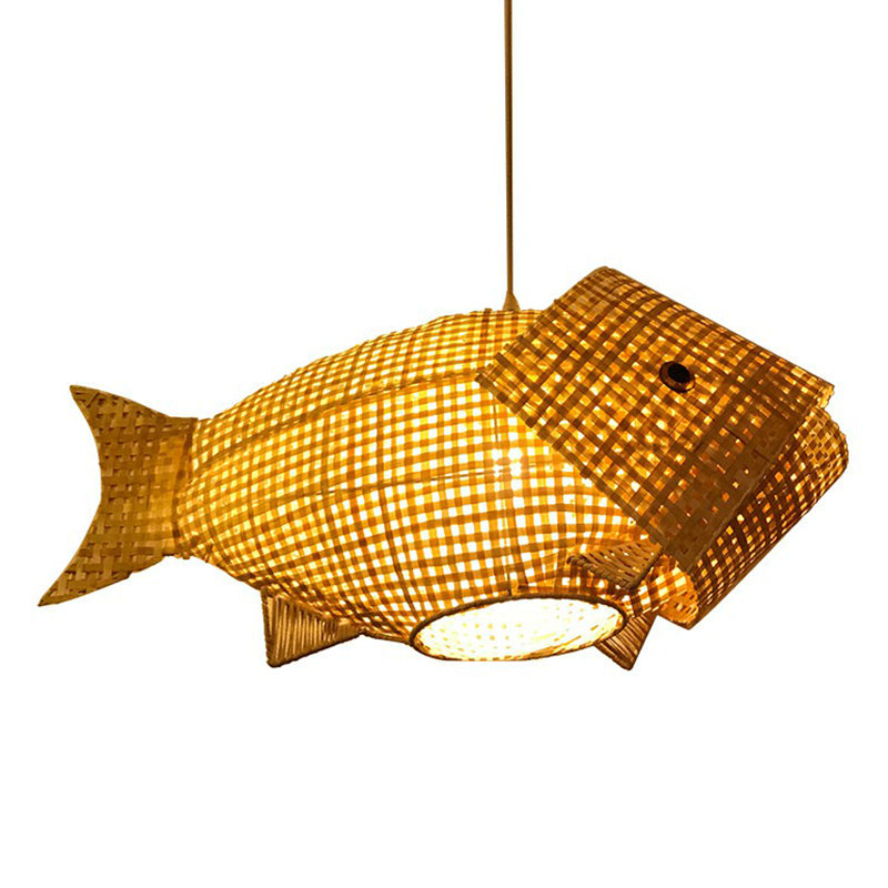 Bamboo Woven Fish Shaped Pendant Ceiling Light Asian 1-Bulb Beige Suspension Lighting for Restaurant Clearhalo 'Ceiling Lights' 'Pendant Lights' 'Pendants' Lighting' 2326628