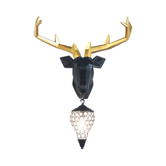 1 Light Wall Lamp Country Deer Resin Sconce Light Fixture in Black/Gold with Teardrop Crystal Shade Clearhalo 'Wall Lamps & Sconces' 'Wall Lights' Lighting' 232662