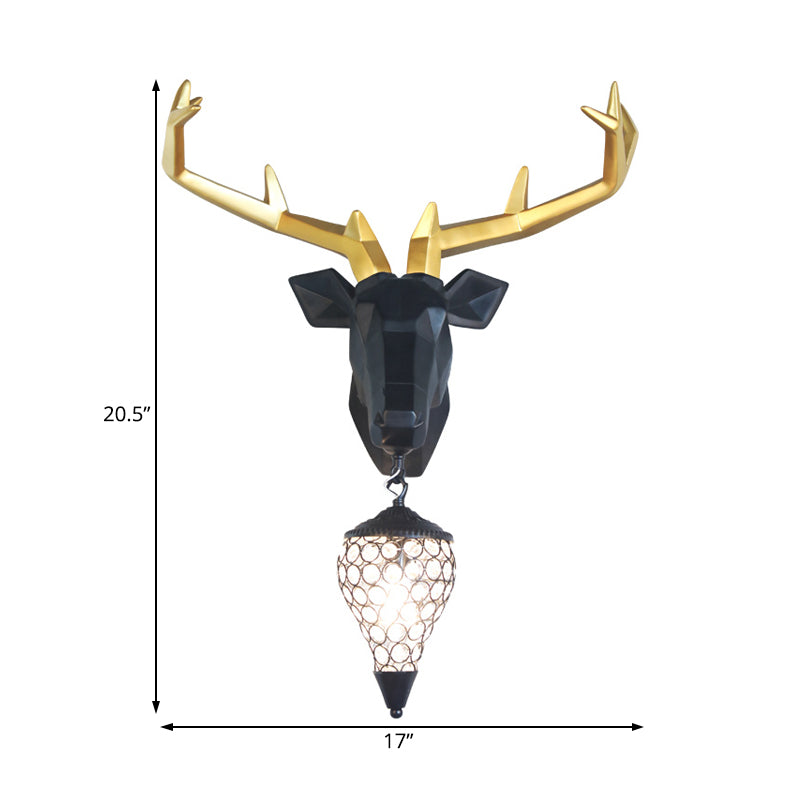 1 Light Wall Lamp Country Deer Resin Sconce Light Fixture in Black/Gold with Teardrop Crystal Shade Clearhalo 'Wall Lamps & Sconces' 'Wall Lights' Lighting' 232663