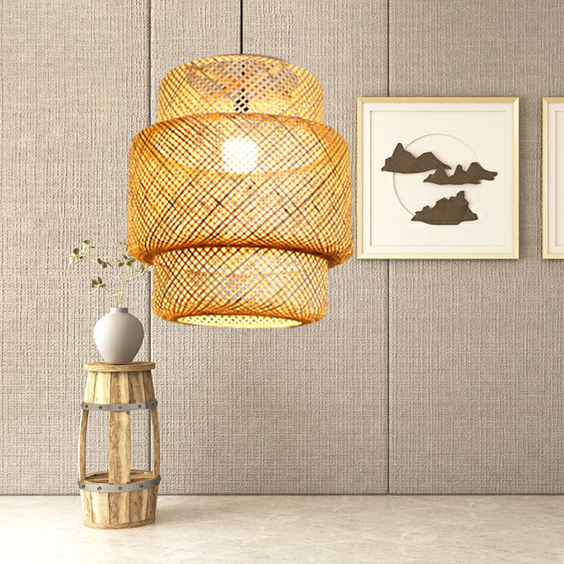 Lantern Ceiling Suspension Lamp Asia Bamboo 1-Light Beige Pendant Lighting for Corridor Clearhalo 'Ceiling Lights' 'Pendant Lights' 'Pendants' Lighting' 2326635