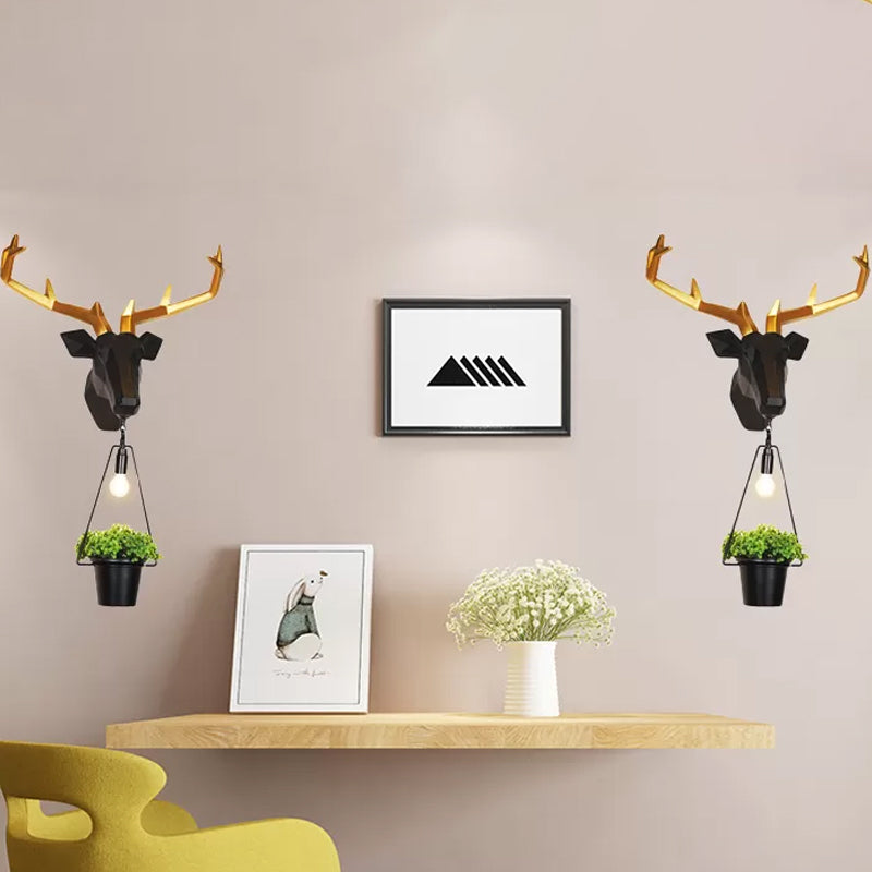 1 Light Exposed Bulb Wall Lamp Country Black Resin Sconce Light Fixture for Indoor with Deer Backplate Black Clearhalo 'Wall Lamps & Sconces' 'Wall Lights' Lighting' 232664