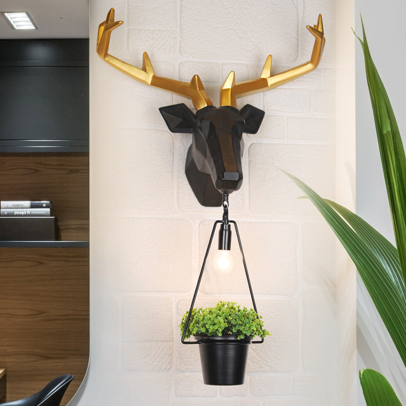 1 Light Exposed Bulb Wall Lamp Country Black Resin Sconce Light Fixture for Indoor with Deer Backplate Clearhalo 'Wall Lamps & Sconces' 'Wall Lights' Lighting' 232665