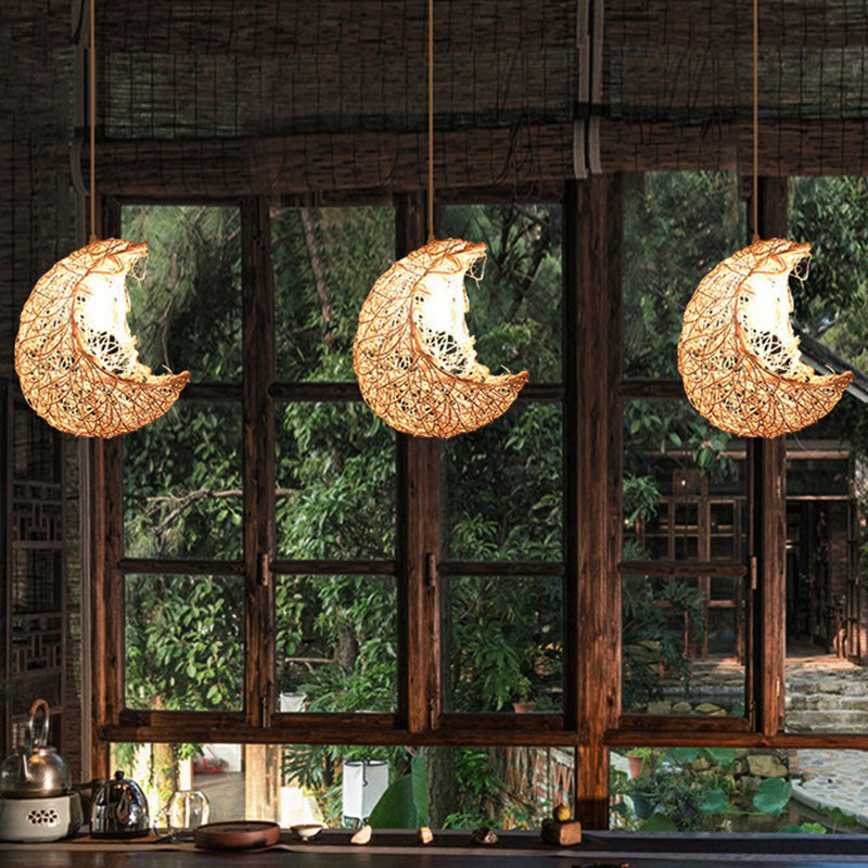 Crescent Shaped Rattan Pendant Light Modern 1 Head Wood Hanging Light for Restaurant Clearhalo 'Ceiling Lights' 'Pendant Lights' 'Pendants' Lighting' 2326665