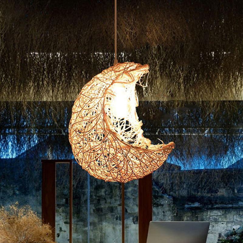 Crescent Shaped Rattan Pendant Light Modern 1 Head Wood Hanging Light for Restaurant Clearhalo 'Ceiling Lights' 'Pendant Lights' 'Pendants' Lighting' 2326666