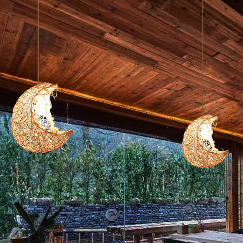 Crescent Shaped Rattan Pendant Light Modern 1 Head Wood Hanging Light for Restaurant Clearhalo 'Ceiling Lights' 'Pendant Lights' 'Pendants' Lighting' 2326667