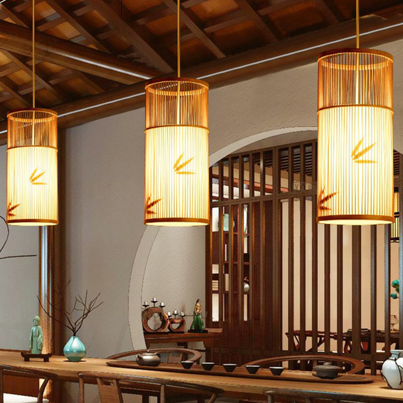 Wood Cylindrical Pendulum Light Asian 1 Bulb Bamboo Pendant Ceiling Light for Bistro Clearhalo 'Ceiling Lights' 'Pendant Lights' 'Pendants' Lighting' 2326673