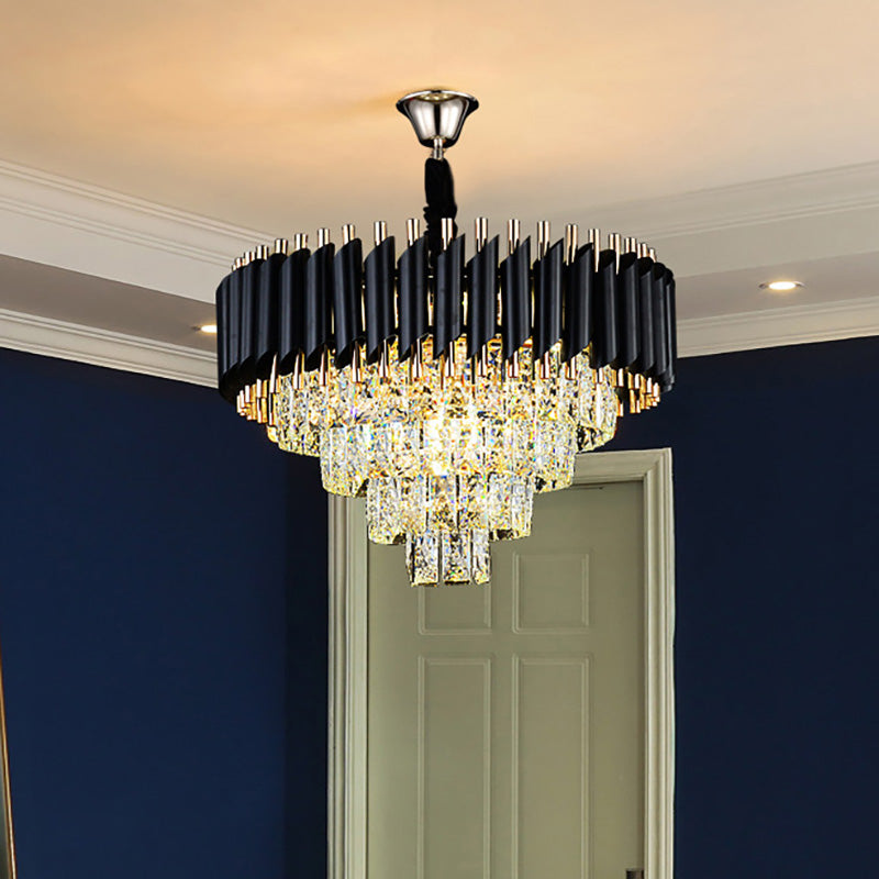 Contemporary Multi Lights Pendant Chandelier with Crystal Shade Black Circular Hanging Light Kit Black Clearhalo 'Ceiling Lights' 'Chandeliers' 'Modern Chandeliers' 'Modern' Lighting' 232668