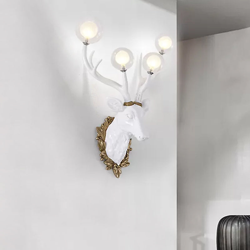 4 Bulbs Deer Sconce Lamp Vintage White/Gold Resin Wall Lighting with Round Glass Shade, 17"/21.5" W White 21.5" Clearhalo 'Wall Lamps & Sconces' 'Wall Lights' Lighting' 232677