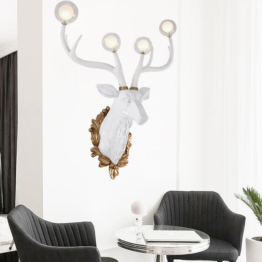 4 Bulbs Deer Sconce Lamp Vintage White/Gold Resin Wall Lighting with Round Glass Shade, 17"/21.5" W Clearhalo 'Wall Lamps & Sconces' 'Wall Lights' Lighting' 232678