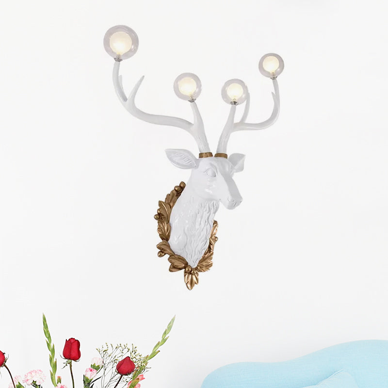 4 Bulbs Deer Sconce Lamp Vintage White/Gold Resin Wall Lighting with Round Glass Shade, 17"/21.5" W Clearhalo 'Wall Lamps & Sconces' 'Wall Lights' Lighting' 232679