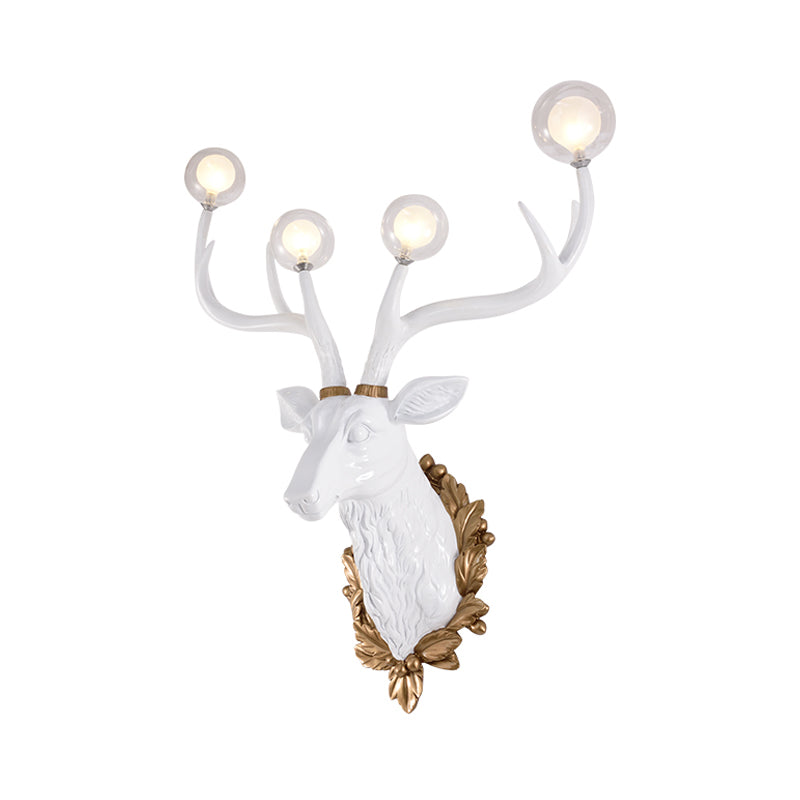 4 Bulbs Deer Sconce Lamp Vintage White/Gold Resin Wall Lighting with Round Glass Shade, 17"/21.5" W Clearhalo 'Wall Lamps & Sconces' 'Wall Lights' Lighting' 232680