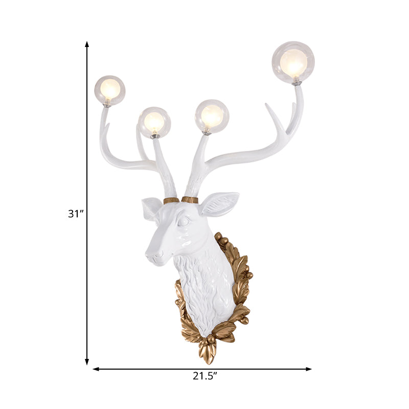 4 Bulbs Deer Sconce Lamp Vintage White/Gold Resin Wall Lighting with Round Glass Shade, 17"/21.5" W Clearhalo 'Wall Lamps & Sconces' 'Wall Lights' Lighting' 232681