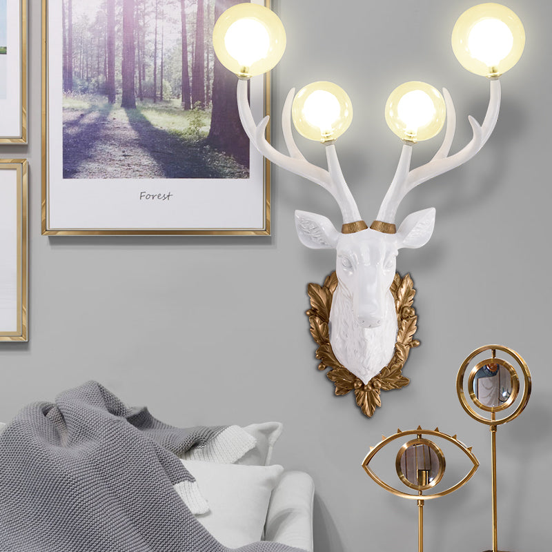 4 Bulbs Deer Sconce Lamp Vintage White/Gold Resin Wall Lighting with Round Glass Shade, 17"/21.5" W Clearhalo 'Wall Lamps & Sconces' 'Wall Lights' Lighting' 232682