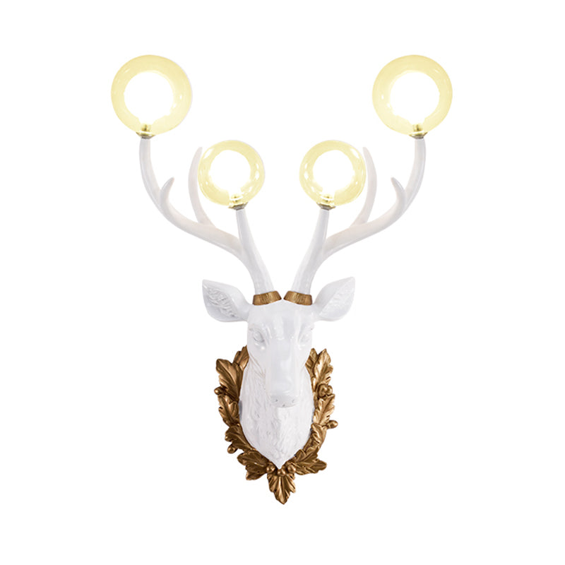 4 Bulbs Deer Sconce Lamp Vintage White/Gold Resin Wall Lighting with Round Glass Shade, 17"/21.5" W White 17" Clearhalo 'Wall Lamps & Sconces' 'Wall Lights' Lighting' 232683