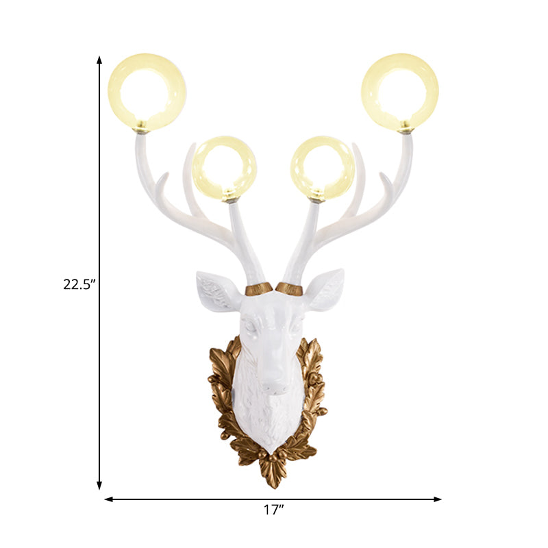 4 Bulbs Deer Sconce Lamp Vintage White/Gold Resin Wall Lighting with Round Glass Shade, 17"/21.5" W Clearhalo 'Wall Lamps & Sconces' 'Wall Lights' Lighting' 232684