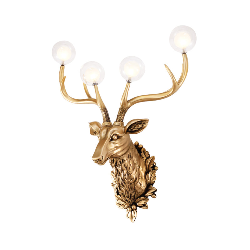 4 Bulbs Deer Sconce Lamp Vintage White/Gold Resin Wall Lighting with Round Glass Shade, 17"/21.5" W Clearhalo 'Wall Lamps & Sconces' 'Wall Lights' Lighting' 232686