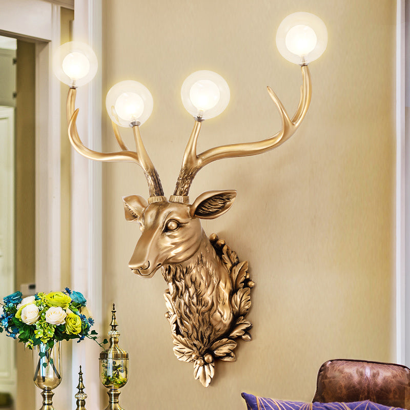 4 Bulbs Deer Sconce Lamp Vintage White/Gold Resin Wall Lighting with Round Glass Shade, 17"/21.5" W Gold 17" Clearhalo 'Wall Lamps & Sconces' 'Wall Lights' Lighting' 232687