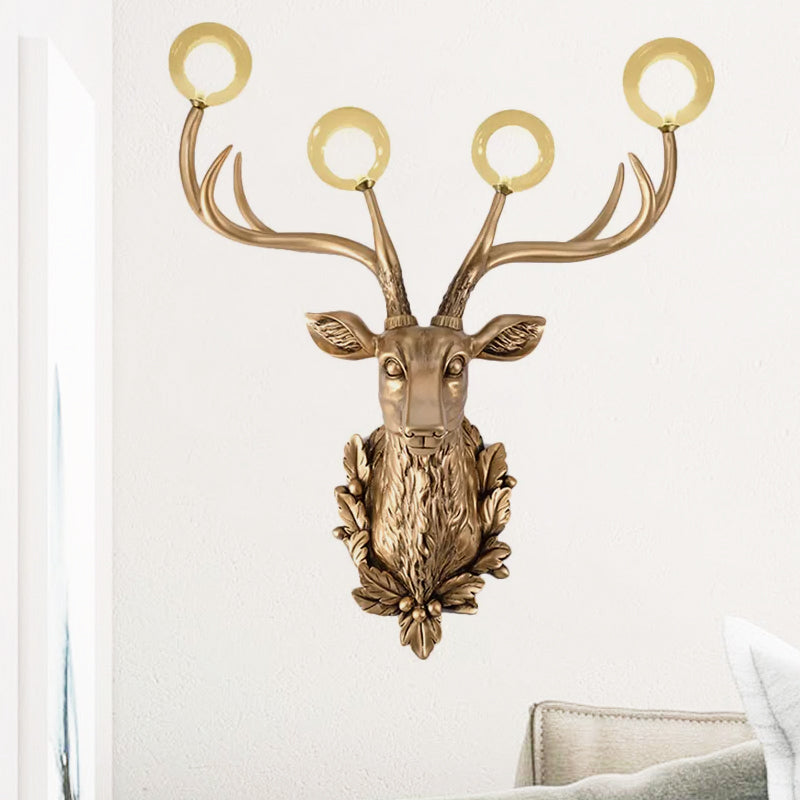 4 Bulbs Deer Sconce Lamp Vintage White/Gold Resin Wall Lighting with Round Glass Shade, 17"/21.5" W Clearhalo 'Wall Lamps & Sconces' 'Wall Lights' Lighting' 232688