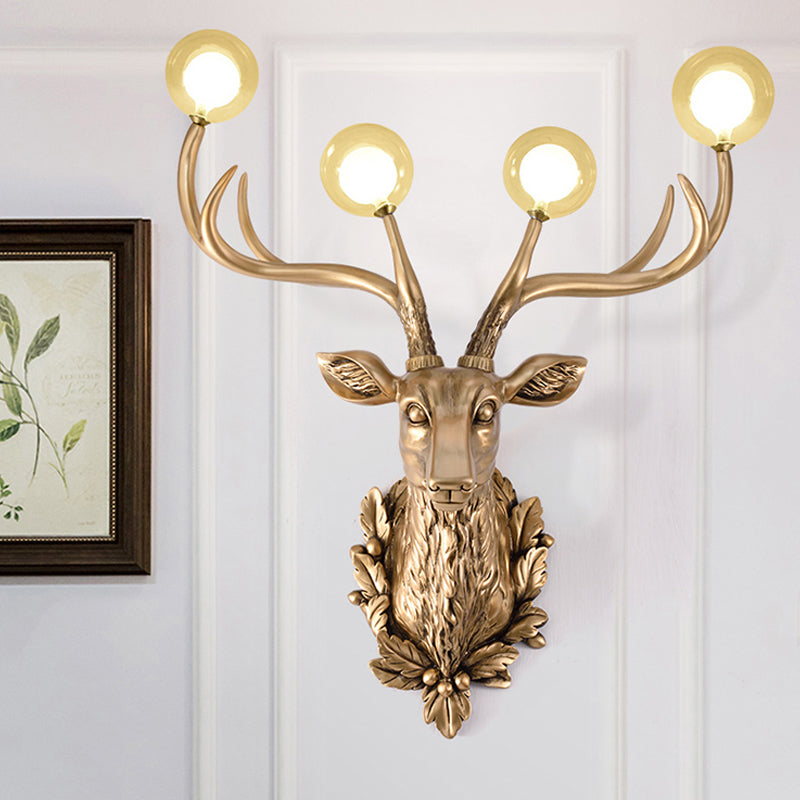 4 Bulbs Deer Sconce Lamp Vintage White/Gold Resin Wall Lighting with Round Glass Shade, 17"/21.5" W Clearhalo 'Wall Lamps & Sconces' 'Wall Lights' Lighting' 232689