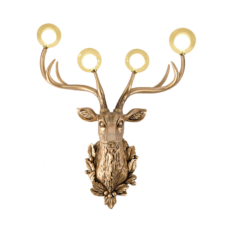 4 Bulbs Deer Sconce Lamp Vintage White/Gold Resin Wall Lighting with Round Glass Shade, 17"/21.5" W Clearhalo 'Wall Lamps & Sconces' 'Wall Lights' Lighting' 232690