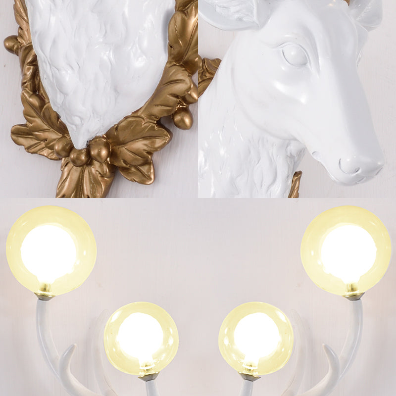 4 Bulbs Deer Sconce Lamp Vintage White/Gold Resin Wall Lighting with Round Glass Shade, 17"/21.5" W Clearhalo 'Wall Lamps & Sconces' 'Wall Lights' Lighting' 232691