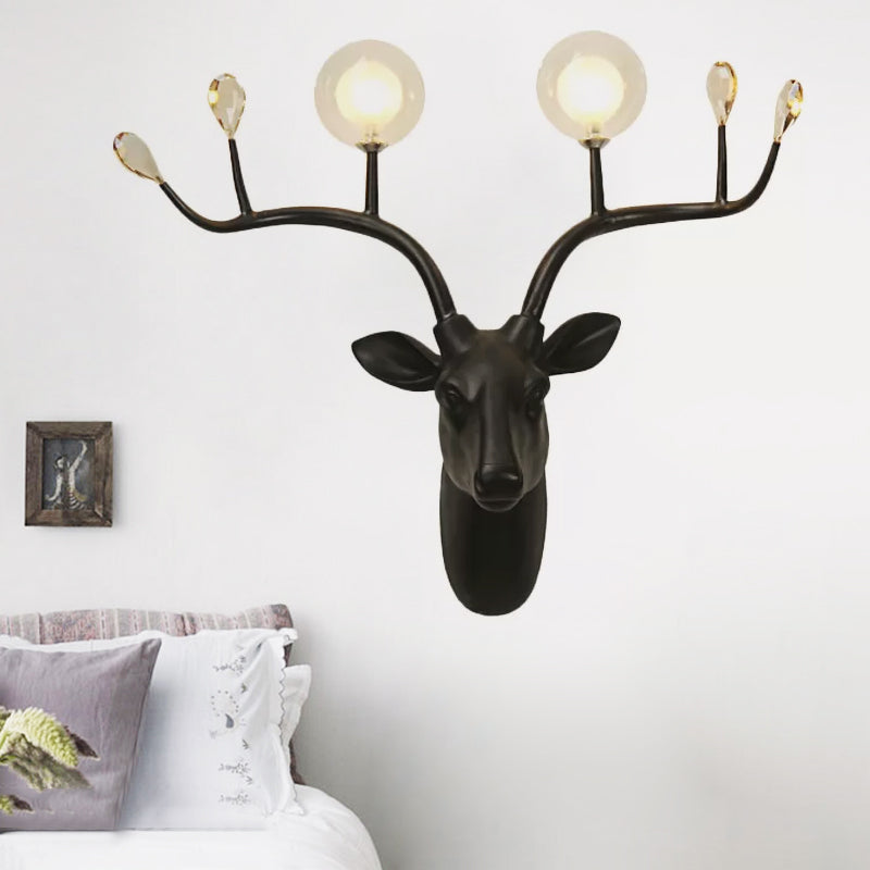 Globe Resin Sconce Light Rustic 2 Lights Living Room Wall Mounted Lamp in Black/White with Deer Deco Black Clearhalo 'Wall Lamps & Sconces' 'Wall Lights' Lighting' 232692