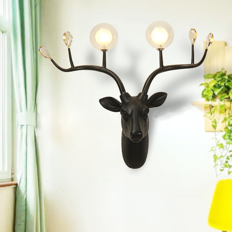 Globe Resin Sconce Light Rustic 2 Lights Living Room Wall Mounted Lamp in Black/White with Deer Deco Clearhalo 'Wall Lamps & Sconces' 'Wall Lights' Lighting' 232693