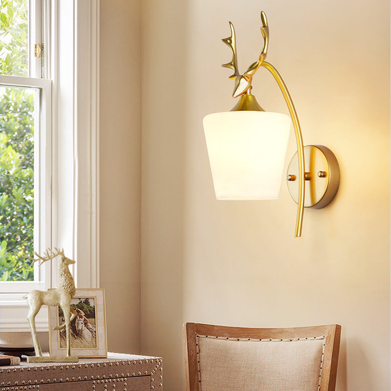 1 Light Metal Wall Lighting Country Black/Gold Antler Living Room Sconce Light Fixture with Frosted Glass Shade Clearhalo 'Wall Lamps & Sconces' 'Wall Lights' Lighting' 232714