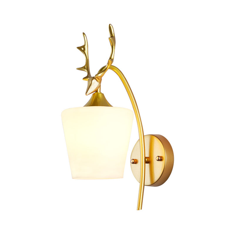 1 Light Metal Wall Lighting Country Black/Gold Antler Living Room Sconce Light Fixture with Frosted Glass Shade Clearhalo 'Wall Lamps & Sconces' 'Wall Lights' Lighting' 232715