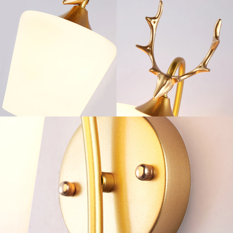 1 Light Metal Wall Lighting Country Black/Gold Antler Living Room Sconce Light Fixture with Frosted Glass Shade Clearhalo 'Wall Lamps & Sconces' 'Wall Lights' Lighting' 232716