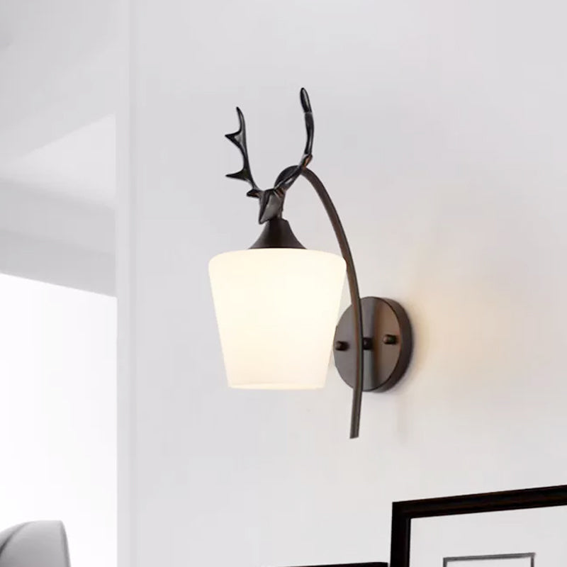 1 Light Metal Wall Lighting Country Black/Gold Antler Living Room Sconce Light Fixture with Frosted Glass Shade Black Clearhalo 'Wall Lamps & Sconces' 'Wall Lights' Lighting' 232717