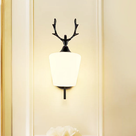 1 Light Metal Wall Lighting Country Black/Gold Antler Living Room Sconce Light Fixture with Frosted Glass Shade Clearhalo 'Wall Lamps & Sconces' 'Wall Lights' Lighting' 232718