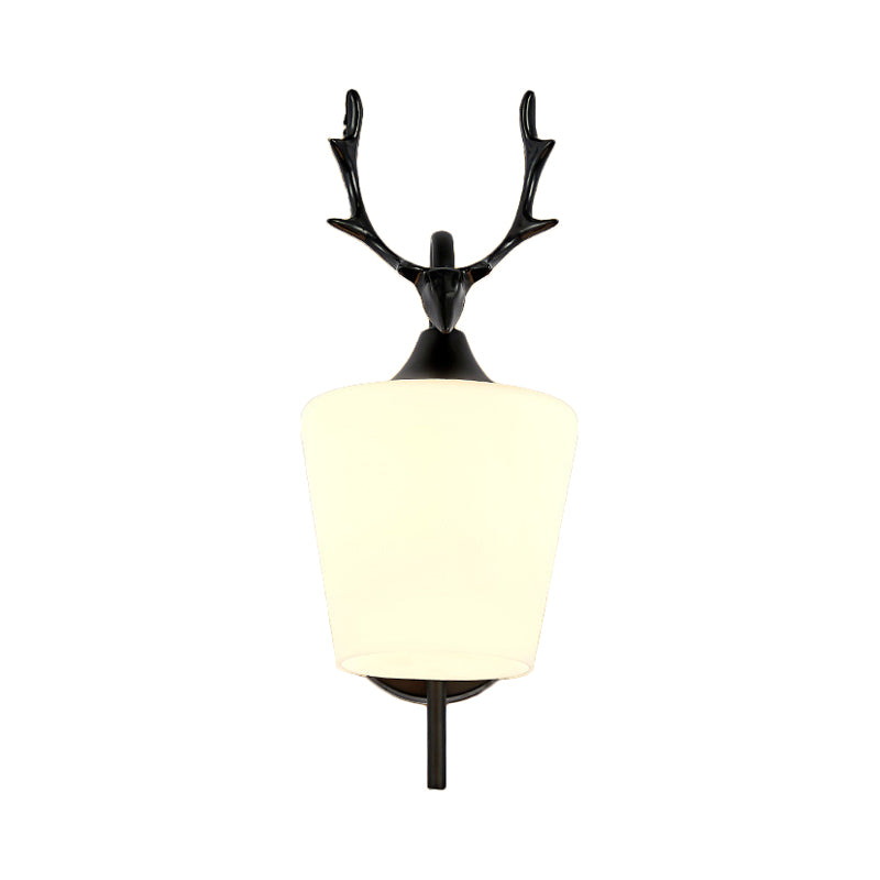 1 Light Metal Wall Lighting Country Black/Gold Antler Living Room Sconce Light Fixture with Frosted Glass Shade Clearhalo 'Wall Lamps & Sconces' 'Wall Lights' Lighting' 232719