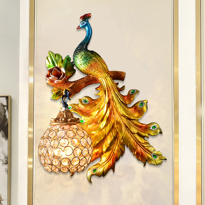 Peacock Bedroom Wall Light Fixture Country Resin 1 Light Green/Gold Sconce Lamp with Orb Crystal Shade, Left/Right Clearhalo 'Wall Lamps & Sconces' 'Wall Lights' Lighting' 232733