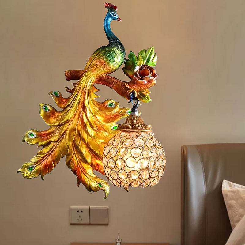 Peacock Bedroom Wall Light Fixture Country Resin 1 Light Green/Gold Sconce Lamp with Orb Crystal Shade, Left/Right Green Left Clearhalo 'Wall Lamps & Sconces' 'Wall Lights' Lighting' 232735