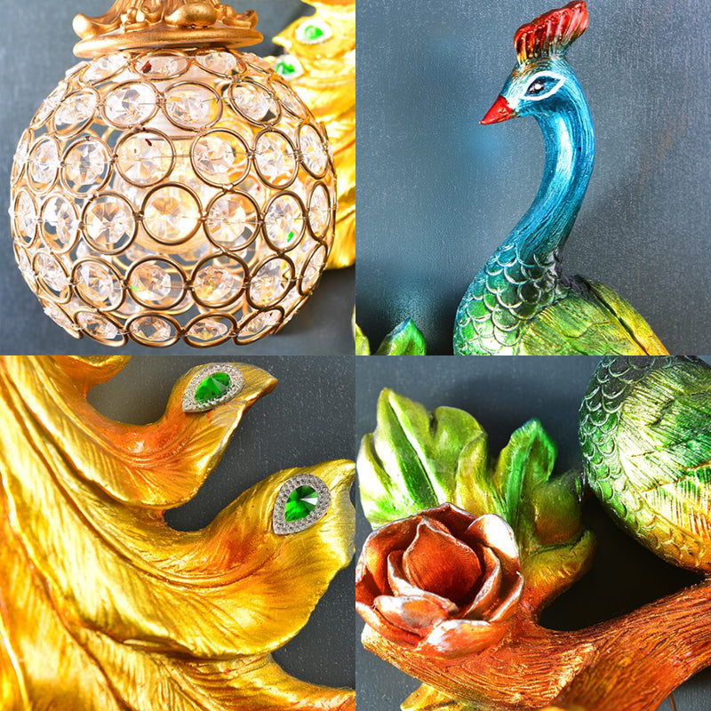 Peacock Bedroom Wall Light Fixture Country Resin 1 Light Green/Gold Sconce Lamp with Orb Crystal Shade, Left/Right Clearhalo 'Wall Lamps & Sconces' 'Wall Lights' Lighting' 232738