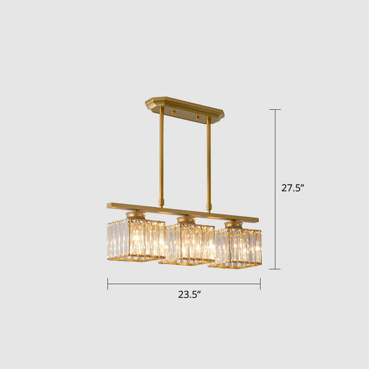 Linear Dining Room Island Lamp Crystal Block 3-Light Postmodern Pendant Light Fixture Gold Square Plate Clearhalo 'Ceiling Lights' 'Island Lights' Lighting' 2327402