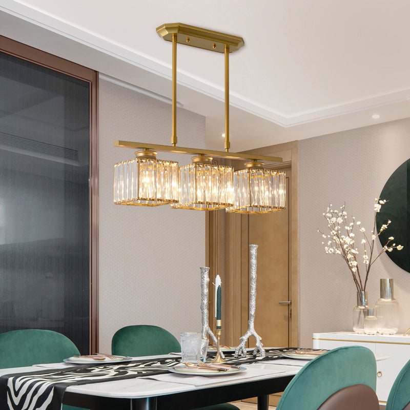 Linear Dining Room Island Lamp Crystal Block 3-Light Postmodern Pendant Light Fixture Clearhalo 'Ceiling Lights' 'Island Lights' Lighting' 2327403