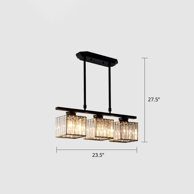 Linear Dining Room Island Lamp Crystal Block 3-Light Postmodern Pendant Light Fixture Black Square Plate Clearhalo 'Ceiling Lights' 'Island Lights' Lighting' 2327404