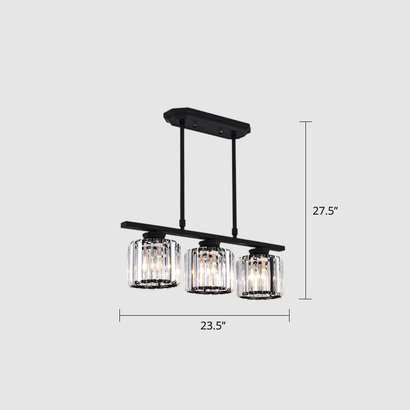 Linear Dining Room Island Lamp Crystal Block 3-Light Postmodern Pendant Light Fixture Black Round Clearhalo 'Ceiling Lights' 'Island Lights' Lighting' 2327406