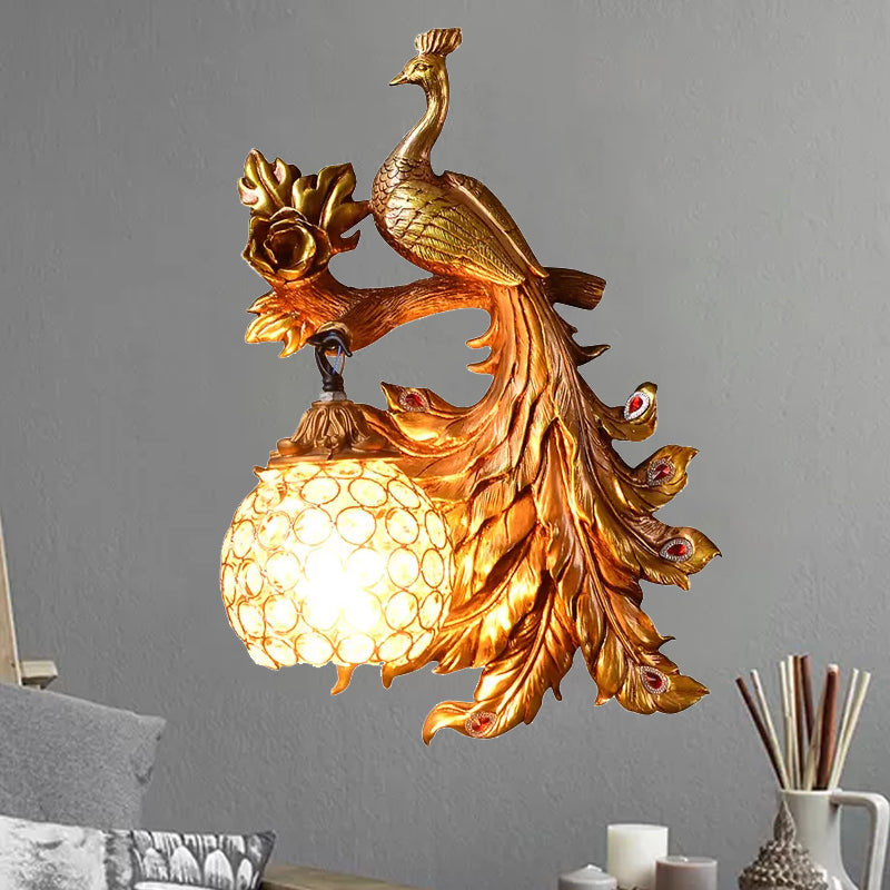 Peacock Bedroom Wall Light Fixture Country Resin 1 Light Green/Gold Sconce Lamp with Orb Crystal Shade, Left/Right Clearhalo 'Wall Lamps & Sconces' 'Wall Lights' Lighting' 232741