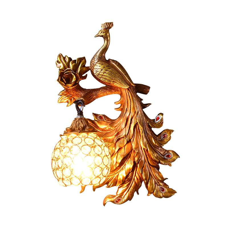 Peacock Bedroom Wall Light Fixture Country Resin 1 Light Green/Gold Sconce Lamp with Orb Crystal Shade, Left/Right Clearhalo 'Wall Lamps & Sconces' 'Wall Lights' Lighting' 232742