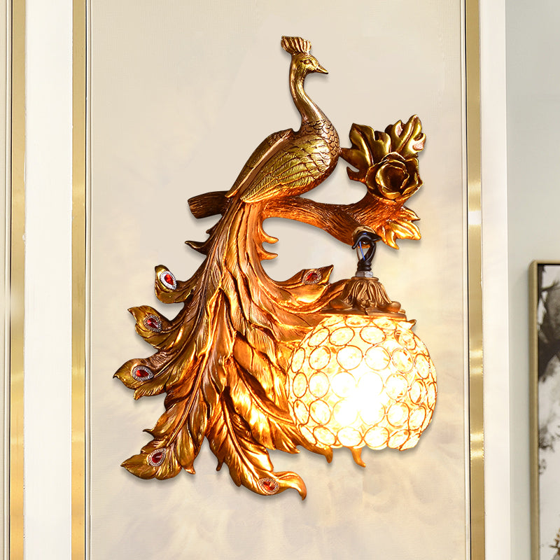 Peacock Bedroom Wall Light Fixture Country Resin 1 Light Green/Gold Sconce Lamp with Orb Crystal Shade, Left/Right Gold Left Clearhalo 'Wall Lamps & Sconces' 'Wall Lights' Lighting' 232743