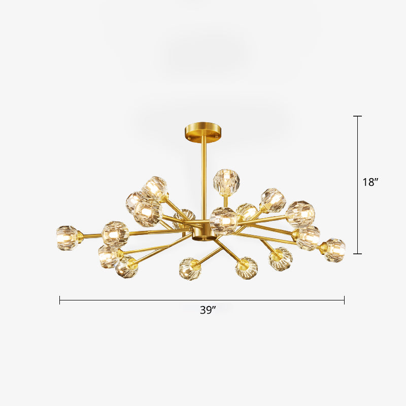 Branching Chandelier Light Minimalistic Faceted Crystals Ball Living Room Hanging Lamp in Brass 18 Brass Clearhalo 'Ceiling Lights' 'Chandeliers' 'Modern Chandeliers' 'Modern' Lighting' 2327443