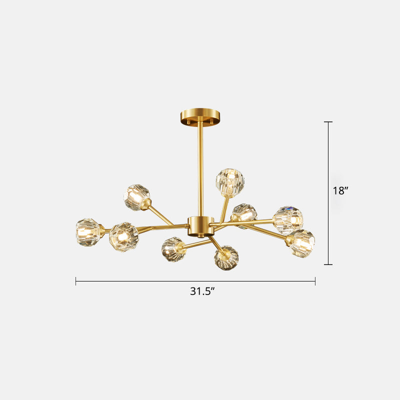 Branching Chandelier Light Minimalistic Faceted Crystals Ball Living Room Hanging Lamp in Brass 9 Brass Clearhalo 'Ceiling Lights' 'Chandeliers' 'Modern Chandeliers' 'Modern' Lighting' 2327444