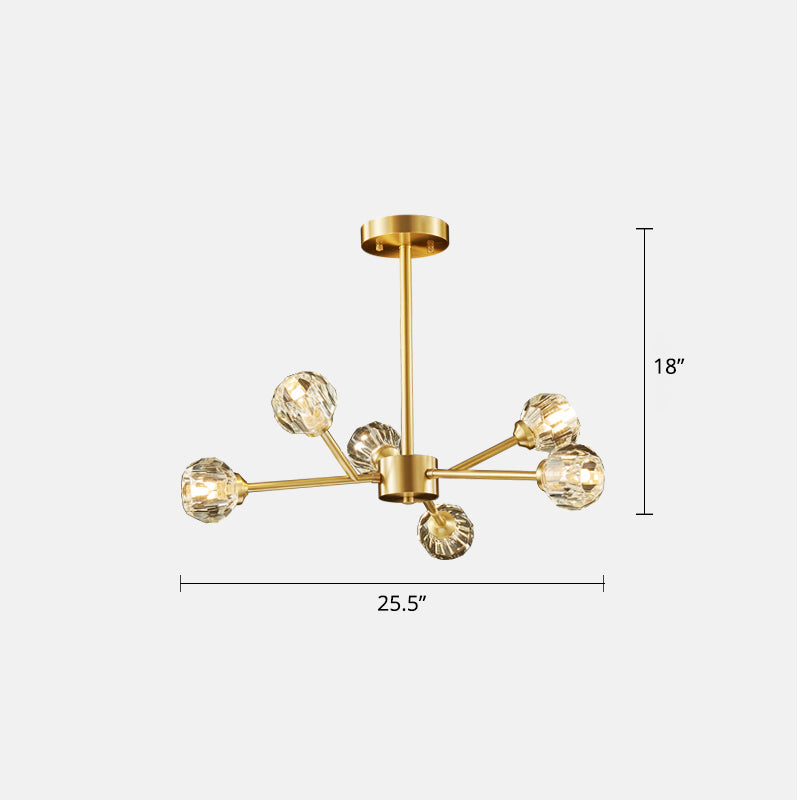 Branching Chandelier Light Minimalistic Faceted Crystals Ball Living Room Hanging Lamp in Brass 6 Brass Clearhalo 'Ceiling Lights' 'Chandeliers' 'Modern Chandeliers' 'Modern' Lighting' 2327446