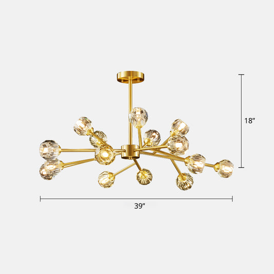 Branching Chandelier Light Minimalistic Faceted Crystals Ball Living Room Hanging Lamp in Brass 15 Brass Clearhalo 'Ceiling Lights' 'Chandeliers' 'Modern Chandeliers' 'Modern' Lighting' 2327448