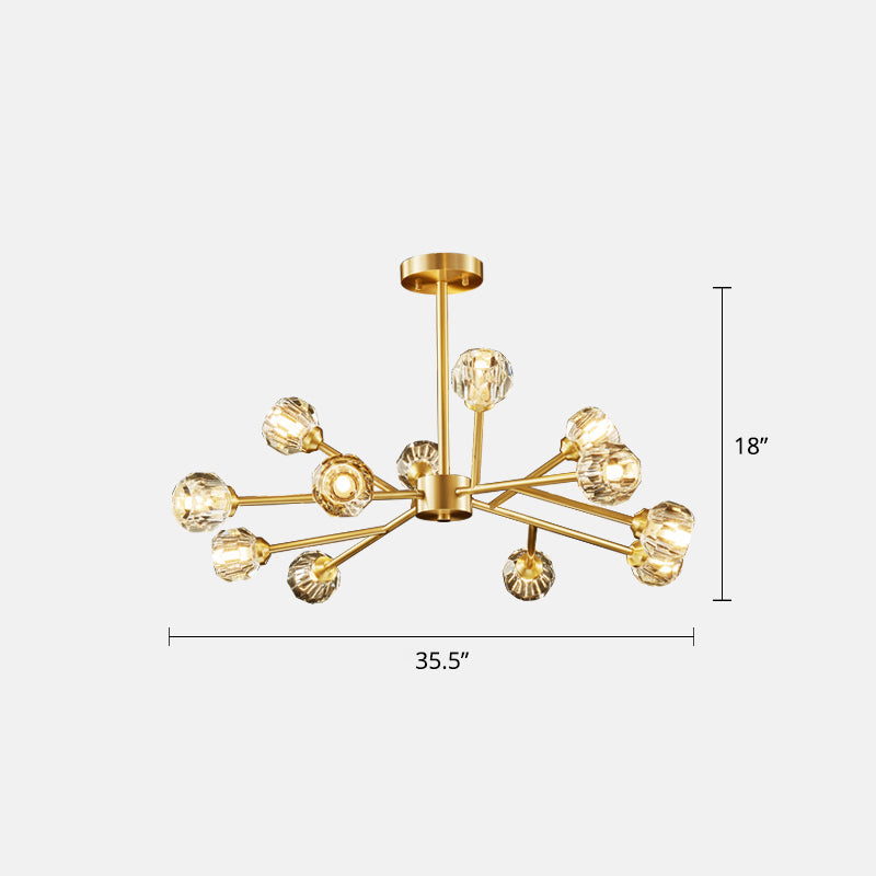 Branching Chandelier Light Minimalistic Faceted Crystals Ball Living Room Hanging Lamp in Brass 12 Brass Clearhalo 'Ceiling Lights' 'Chandeliers' 'Modern Chandeliers' 'Modern' Lighting' 2327450