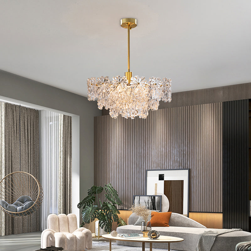Tiered Floral Glass Chandelier Postmodern Brass Finish Hanging Light for Living Room Clearhalo 'Ceiling Lights' 'Chandeliers' 'Modern Chandeliers' 'Modern' Lighting' 2327511